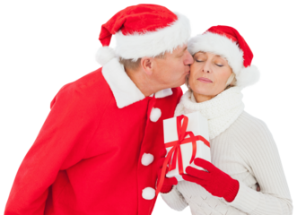 Digital png photo of caucasian couple wearing santa claus hats on transparent background