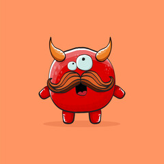 Vector cartoon funny red monster with horn isolated on orange background. Smiling silly blue funky monster print sticker design template. Pink Ghost, troll, gremlin, goblin, devil and monster