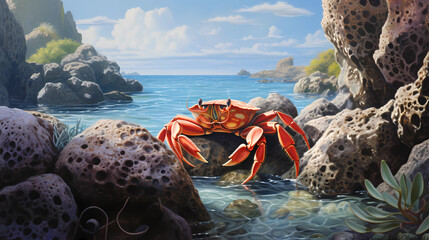 A red crab or fiddler crab hiding among rocks or coral reefs - obrazy, fototapety, plakaty