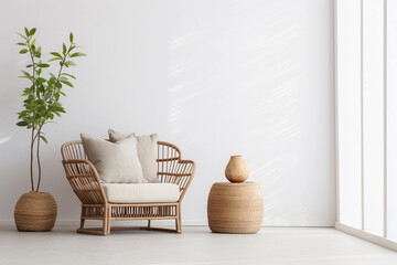 Empty white wall mockup in boho room interior with wicker armchair. Beige pot with plants and coffee table. Natural daylight from a window. Promotion background. Generative AI.