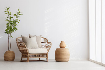Empty white wall mockup in boho room interior with wicker armchair. Beige pot with plants and coffee table. Natural daylight from a window. Promotion background. Generative AI. © Iryna