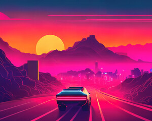 Fototapeta na wymiar Synthwave Horizons: Digital Retro Summer Landscapes - Embracing the Nostalgic 80s Aesthetic with Mountains, Sunsets, and Vibrant Retrowave Vibes