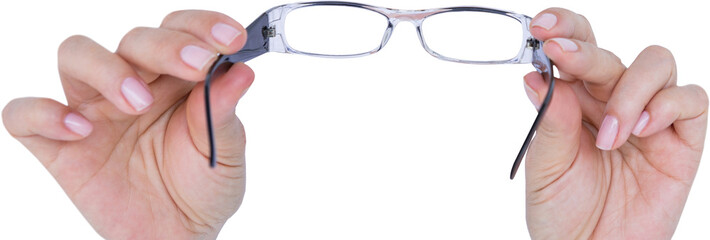 Digital png photo of hands with eyeglasses on transparent background