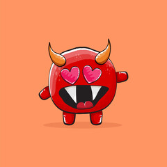 Vector cartoon funny red monster with horn isolated on orange background. Smiling silly blue funky monster print sticker design template. Pink Ghost, troll, gremlin, goblin, devil and monster
