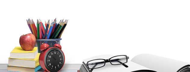 Digital png photo of desk with books, pencils, clock and glasses on transparent background