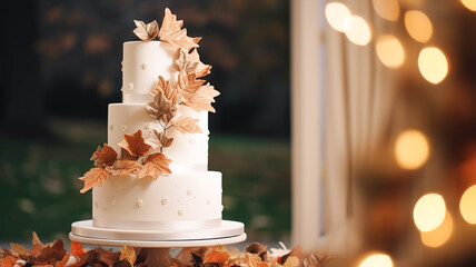 Wedding cake design, autumnal dessert styling and holiday decoration, multi-tier cake for an autumn event venue, food catering service and elegant country decor, cottage style