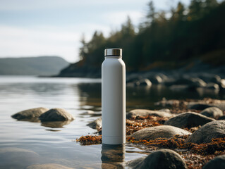 White clear stainless thermos bottle in water against the backdrop of nature. Creative mockup of reusable bottle for traveling and hiking. - obrazy, fototapety, plakaty