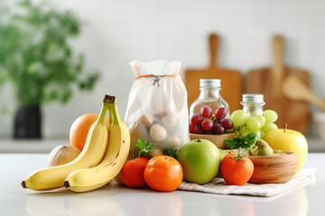 Eco bag on kitchen counter with food in jars and fresh fruits. AI generated