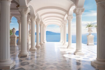 Obraz premium An outdoor arcade framed by grand columns and a pristine sky of captivating blue, the white building is a stunning example of nature's beauty