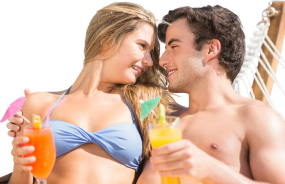 Digital png photo of happy caucasian couple in hammock with drinks on transparent background - Powered by Adobe