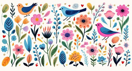 This vibrant illustration of colorful flowers and birds captures the beauty and vibrancy of nature with its stunning details and vivid colors