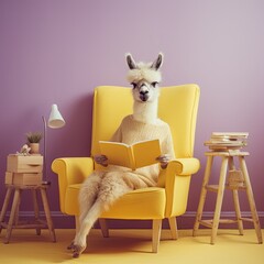 A majestic llama perched in a cozy chair, reading intently beneath the warmth of an inviting indoor wall, radiates serenity and a profound connection between man and mammal