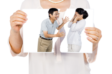 Digital png photo of caucasian woman with asian couple arguing on transparent background