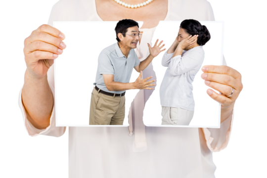 Digital png photo of caucasian woman with asian couple arguing on transparent background