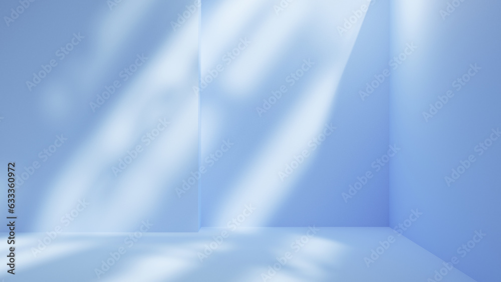Poster blank blue empty room corner and sunlight with leafs shadows, empty blue copy space background