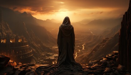 An old monk in a black cloak, the saint stands on a mountaintop in the setting sun. Made in AI - obrazy, fototapety, plakaty