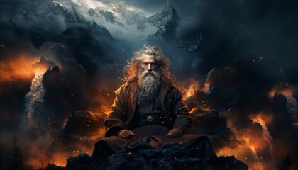 Elder monk sitting in yoga pose on fiery mountain, hinduism in asia. Made in AI