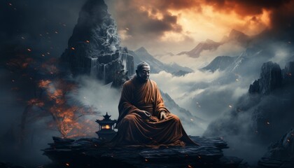 Divine Buddha statue in Asia among Indian mountains and clouds. Made in AI
