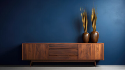 a wooden sideboard in a light-filled living room interior decor ai generated