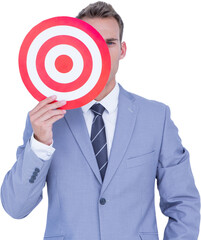 Digital png photo of happy caucasian businessman holding shield on transparent background