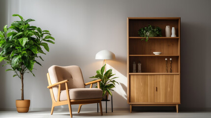 a wooden sideboard in a refreshing living room interior decor ai generated