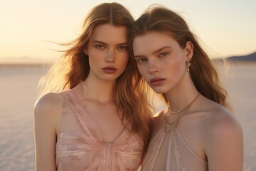 Two beautiful ladies, basking in the warmth of the sun and love for each other, stand in perfect poise in stylish beach attire, strawberry blonde jewelry model