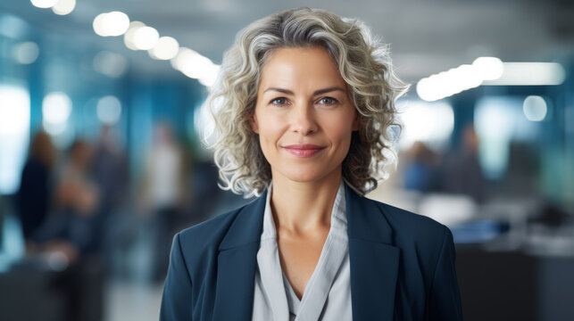 Portrait of smiling senior businesswoman tanding posing in modern office, happy confident middle-aged female employee or CEO