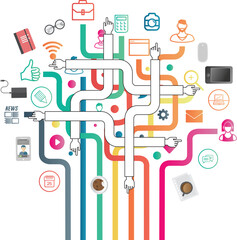 Digital png illustration of many hands and stripes with different icons on transparent background