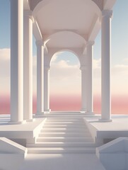Surreal white building with columns and a staircase stands against the backdrop of a vibrant sky, illuminated by the rising sun and dotted with fluffy clouds