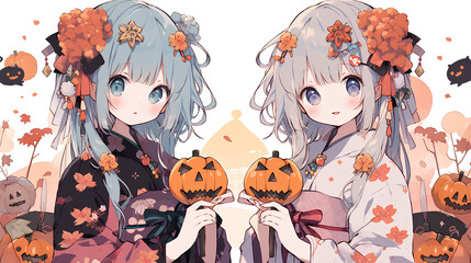halloween theme with cute girls and pumpkins  - obrazy, fototapety, plakaty