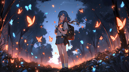 Girl in beautiful autumn night forest with trees and butterflies, anime style