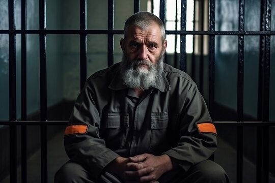 A man in prison holding bars with his hands looking distressed.