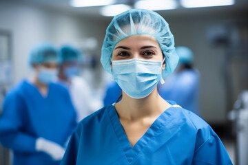 Surgeon woman with a blue medical uniform smiling in the operating room. Generative AI.