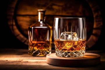 Whiskey drinks. You need to drink whiskey with ice then the whiskey tastes better of an oak barrel. Alcoholic drink with ice whiskey or cognac close-up on the background of an oak barrel for aging.