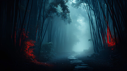 beautiful bamboo forest with mist at night - obrazy, fototapety, plakaty