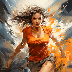 Wunderschöne, rennende Frau (Ölgemälde, Line Art)