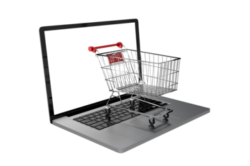 Digital png illustration of laptop and shopping trolley on transparent background