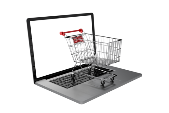 Digital png illustration of laptop and shopping trolley on transparent background