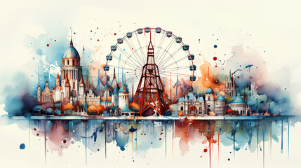 colorful watercolor painting of a ferris wheel.
