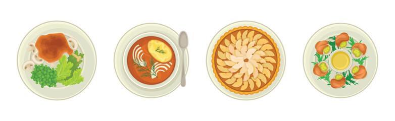 French Food Dishes Served on Plates for Restaurant Menu Top View Vector Set