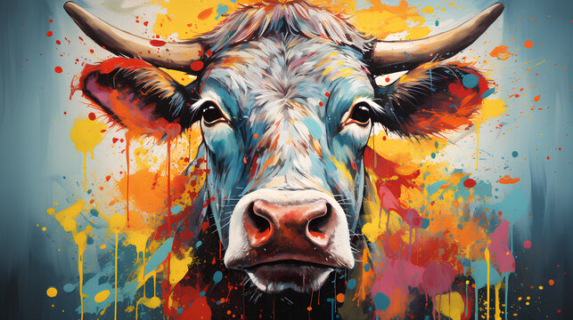 colorful bull head on blue background