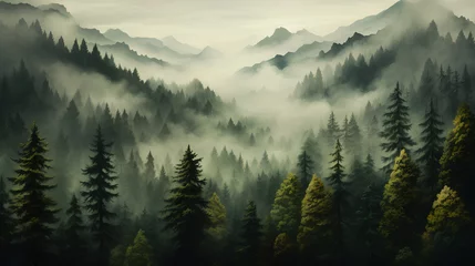 Schilderijen op glas dark foggy foggy mountain forest landscape © EvhKorn
