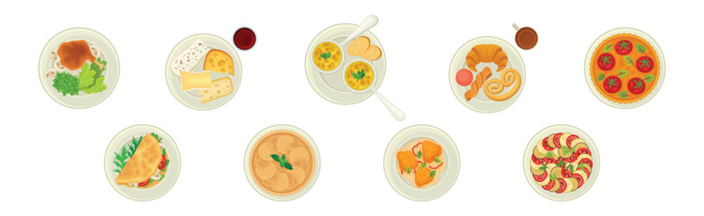 French Food Dishes Served on Plates for Restaurant Menu Top View Vector Set