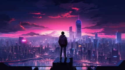 A silhouette standing on the edge of a skyscraper looking out over a bright neon city at night. AI generative.