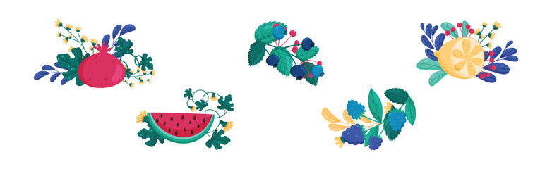 Bright Fruit and Berry Composition with Branches and Flower Blossom Vector Set