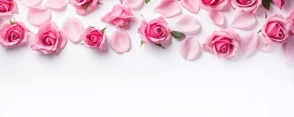 Decorative web banner. Close up of blooming pink roses flowers and petals isolated on white table background. Floral frame composition. Empty space, flat lay, top view. AI generative.