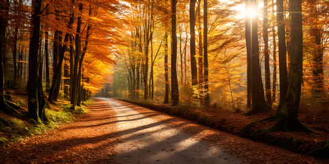 Path Between Yellow Green Autumn Trees In The Forest HD Nature Wallpaper