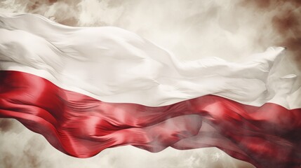 Illustration of the Polish flag waving in the wind in vintage style. White and red national colors of Poland. AI generative.