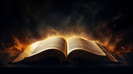 Shining Holy Bible Ancient book banner illustration. AI generative.