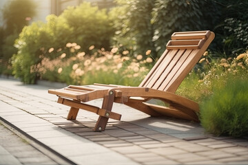 Empty brown wooden deck chair or chaise longue on tile among decorative grass and flowers in recreation area. Garden landscape with chair at backyard
